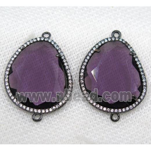 purple crystal glass connector paved rhinestone, faceted teardrop, black plated
