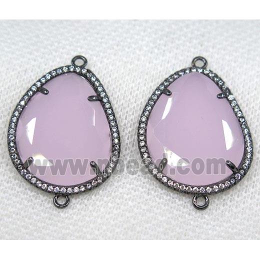 pink crystal glass connector paved rhinestone, faceted teardrop, black plated