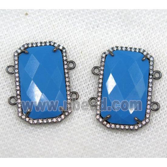 blue crystal glass connector paved rhinestone, faceted rectangle, black plated