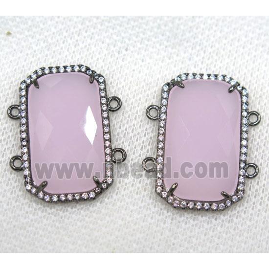 pink crystal glass connector paved rhinestone, faceted rectangle, black plated