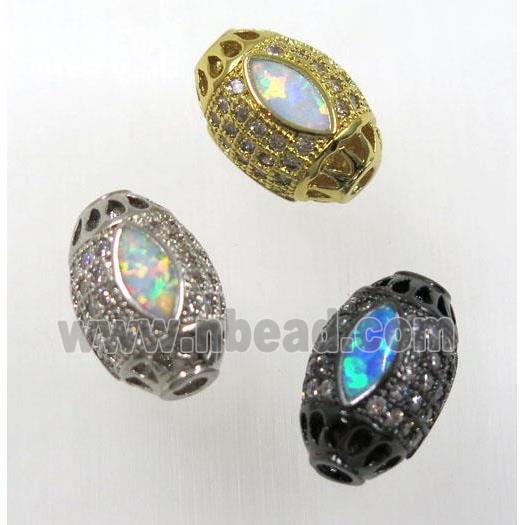 synthetic Fire Opal bead paved zircon, copper, barrel, mix color