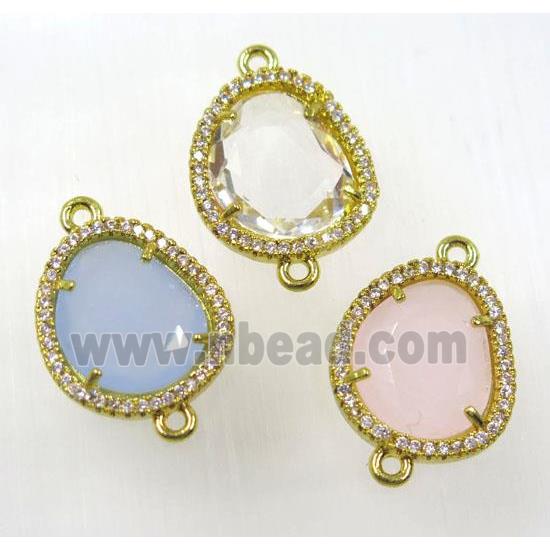 crystal glass connector paved zircon, copper, gold plated, mix color