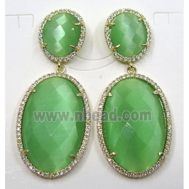 green cat eye stone earring pave zircon, gold plated