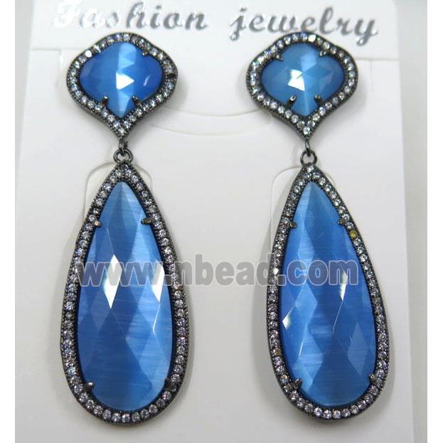 royal blue cat eye stone earring pave zircon, droplet
