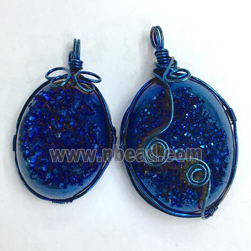 blue druzy Quartz pendant, freeform, wire wrapped