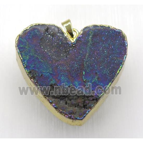rainbow druzy quartz pendant, heart, gold plated