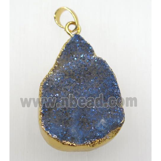 bluegray druzy quartz teardrop pendant, gold plated