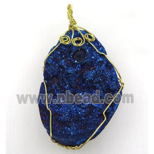 blue solar agate druzy slice pendant with wire wrapped, freeform