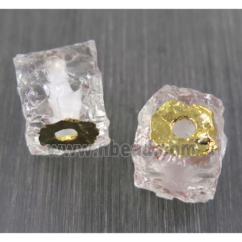 Hammered Clear Quartz cube beads, gold plated