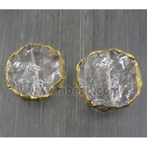 Hammered Clear Quartz beads, flat round, gold plated