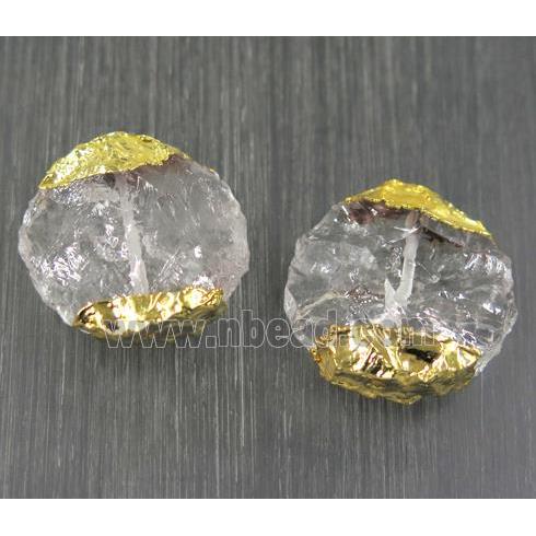 Hammered Clear Quartz beads, flat round, gold plated