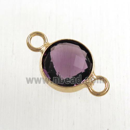 purple Chinese crystal glass connector, faceted flat round, rose gold plated