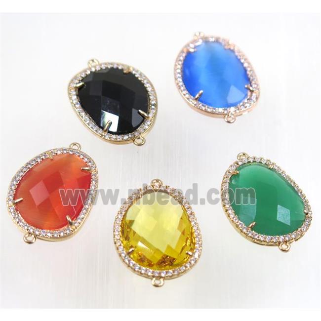 crystal glass connector paved zircon, gold plated, mix color