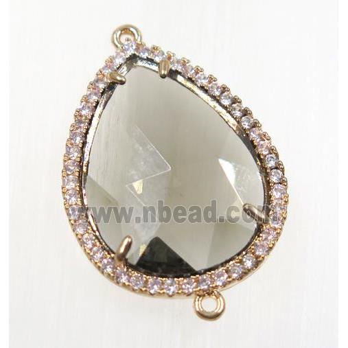gray crystal glass connector pave zircon, faceted teardrop, gold plated