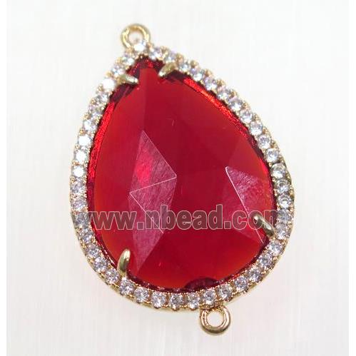 ruby crystal glass connector pave zircon, faceted teardrop, gold plated