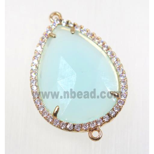 aqua crystal glass connector pave zircon, faceted teardrop, gold plated