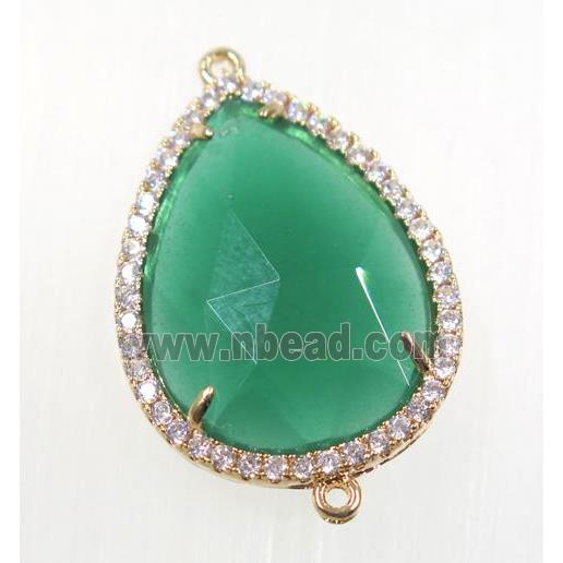 green crystal glass connector pave zircon, faceted teardrop, gold plated