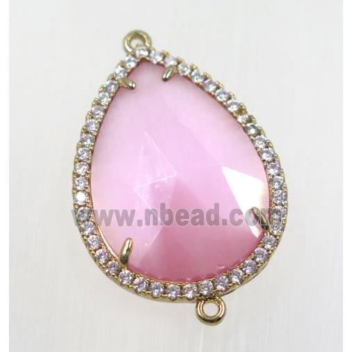 pink cats eye stone connector pave zircon, faceted teardrop, gold plated