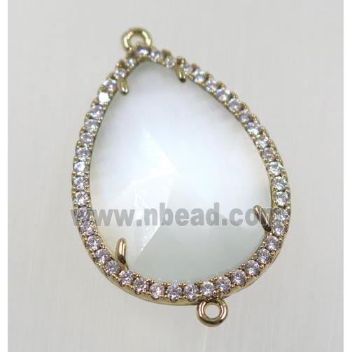 white cats eye stone connector pave zircon, faceted teardrop, gold plated