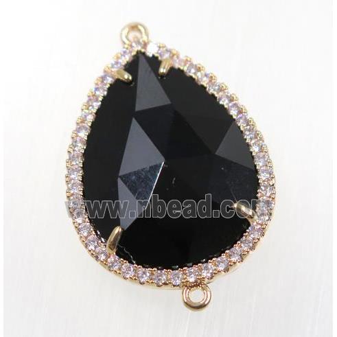 black crystal glass connector pave zircon, faceted teardrop, gold plated