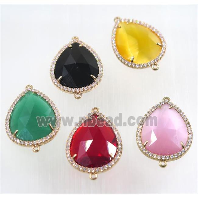 mix crystal glass connector pave zircon, faceted teardrop, gold plated