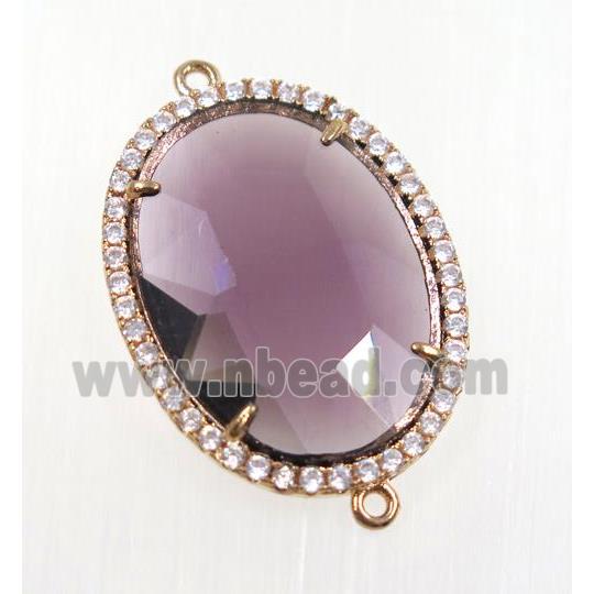 purple crystal glass connector pave zircon, faceted oval, gold plated