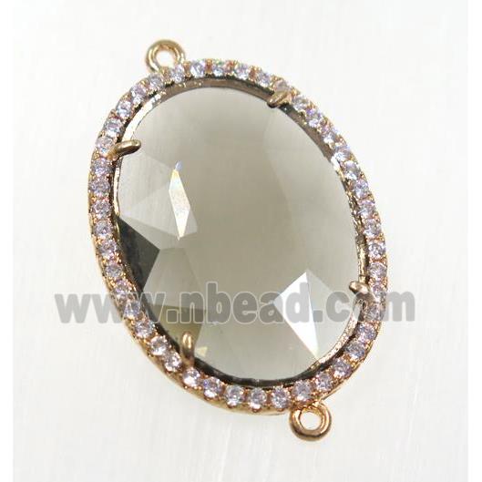 gray crystal glass connector pave zircon, faceted oval, gold plated
