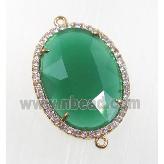 green crystal glass connector pave zircon, faceted oval, gold plated