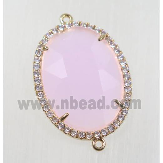 pink crystal glass connector pave zircon, faceted oval, gold plated