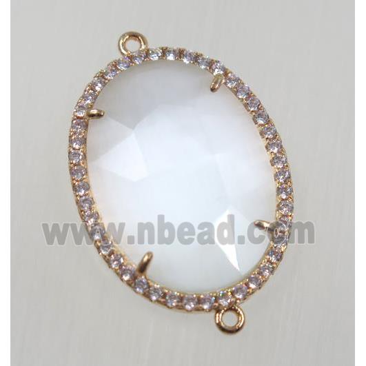 white cats eye stone connector pave zircon, faceted oval, gold plated