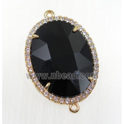 black crystal glass connector pave zircon, faceted oval, gold plated