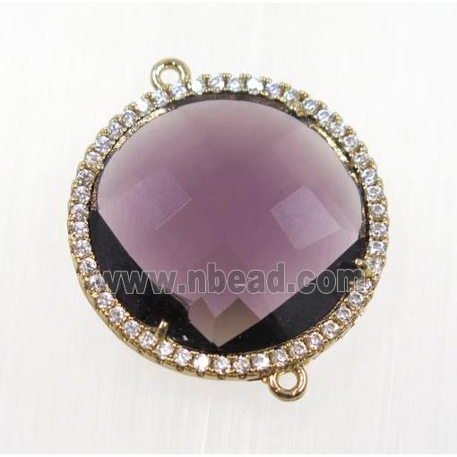 purple crystal glass connector pave zircon, faceted flat round, gold plated