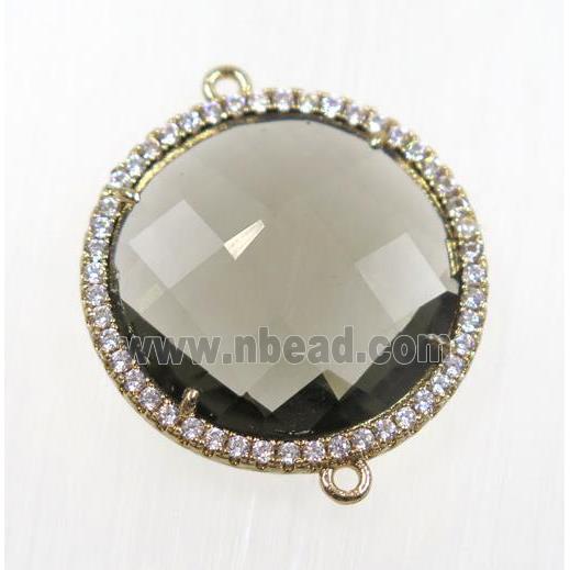 gray crystal glass connector pave zircon, faceted flat round, gold plated