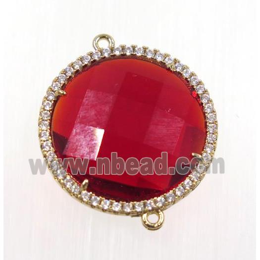 ruby crystal glass connector pave zircon, faceted flat round, gold plated