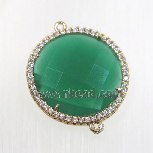 peacock green crystal glass connector pave zircon, faceted flat round, gold plated