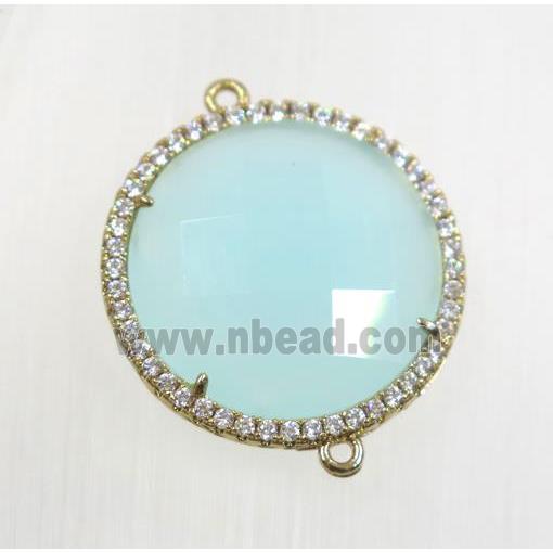 aqua crystal glass connector pave zircon, faceted flat round, gold plated