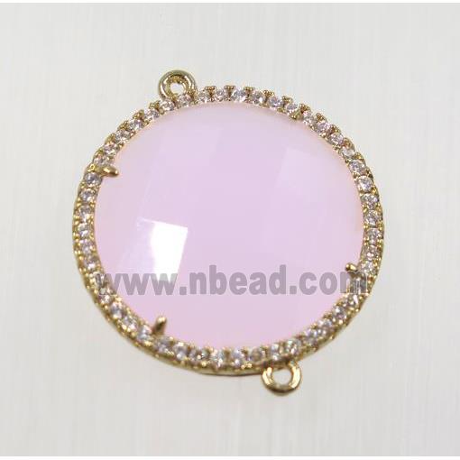 pink crystal glass connector pave zircon, faceted flat round, gold plated