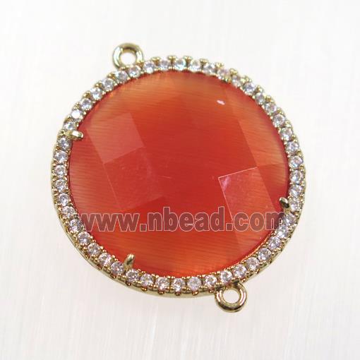 red crystal glass connector pave zircon, faceted flat round, gold plated