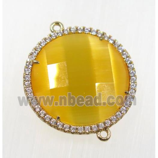 golden cats eye stone connector pave zircon, faceted flat round, gold plated