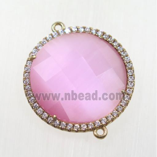 pink cats eye stone connector pave zircon, faceted flat round, gold plated