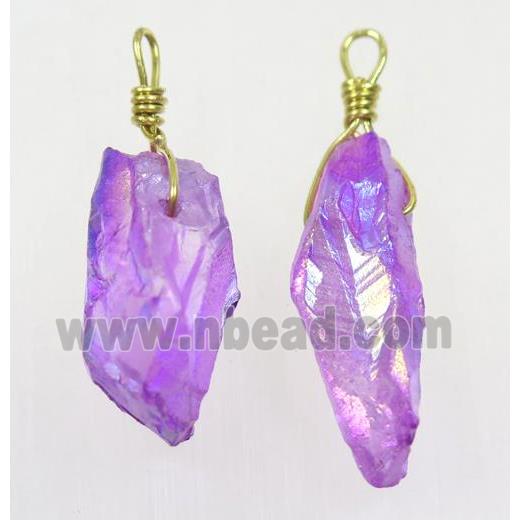 purple AB-color Quartz stick pendant, wire wrapped, dye