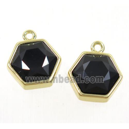 black onyx agate pendant, Hexagon, gold plated