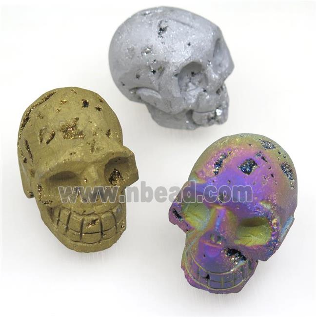 Agate druzy skull charms, no-hole, mix color