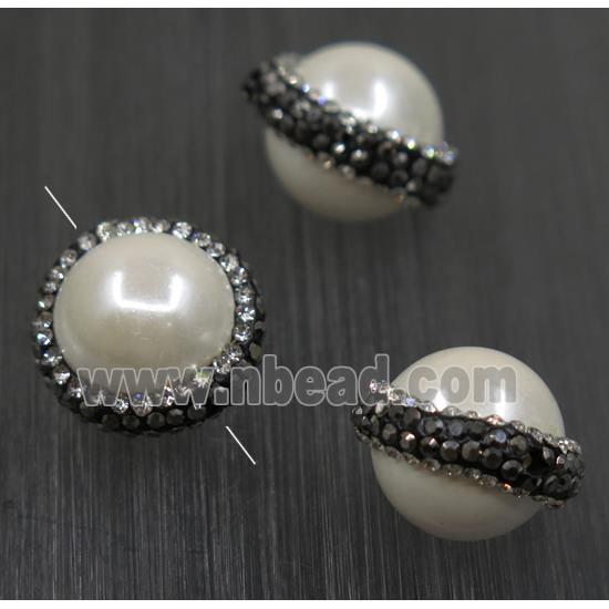 round pearlized shell beads paved rhinestone