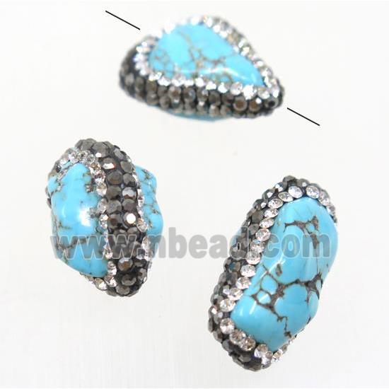 blue Synthetic Turquoise nugget beads paved rhinestone, freeform