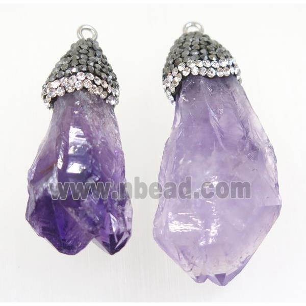 purple Amethyst nugget pendant paved rhinestone, freeform