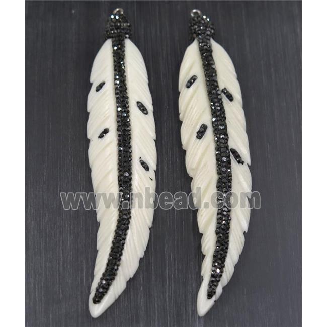 white Bone feather pendant paved rhinestone