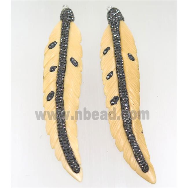 yellow Bone feather pendant paved rhinestone
