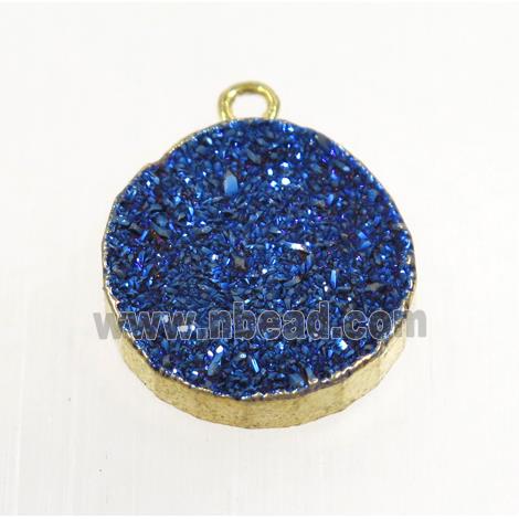 blue Agate Druzy pendant, flat round, gold plated