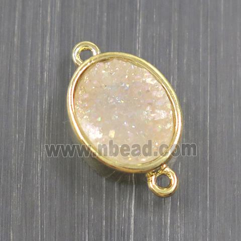 white AB color Druzy Quartz oval connector, gold plated